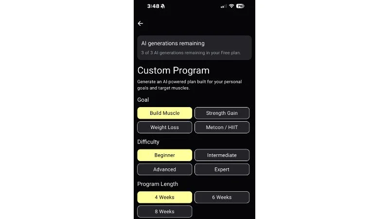 A screenshot of the custom training options available in the TR[Ai]NER app