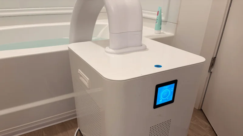 The HomePlunge H3 cold plunge chiller set up in our tester's home bathroom