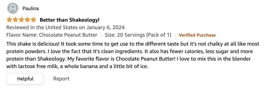 A positive Amazon review is shown for Truvani Protein Powder