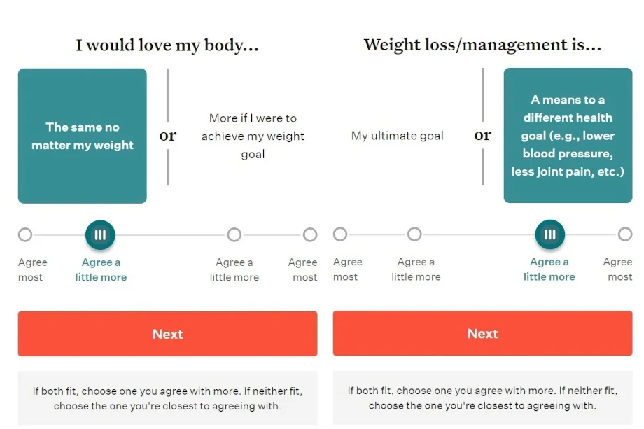 Quiz screenshots from the Noom app.