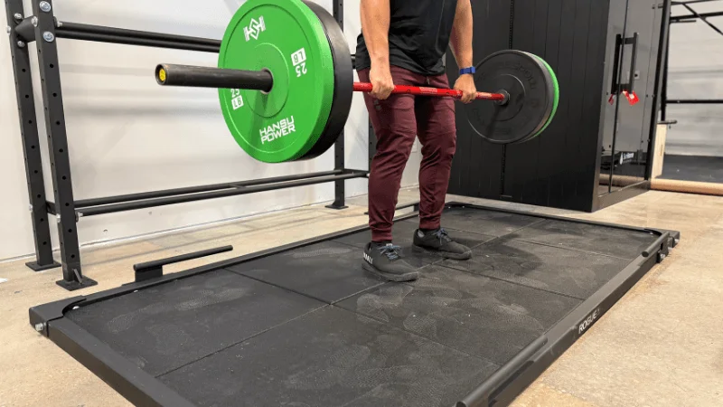 Our tester deadlifting on the Rogue Deadlift Platform in the GGR testing center