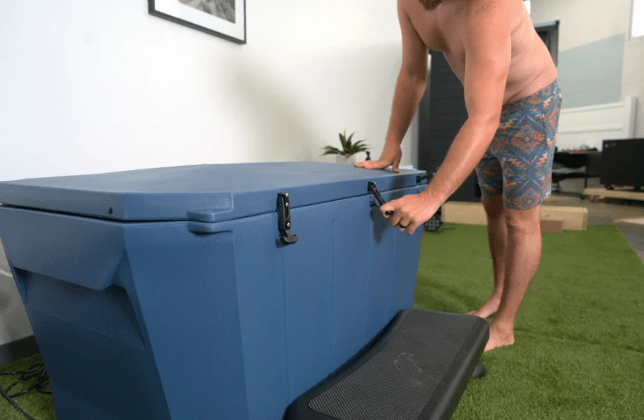 Our tester unlocking the lid of the Modtub 2.0 Cold Plunge