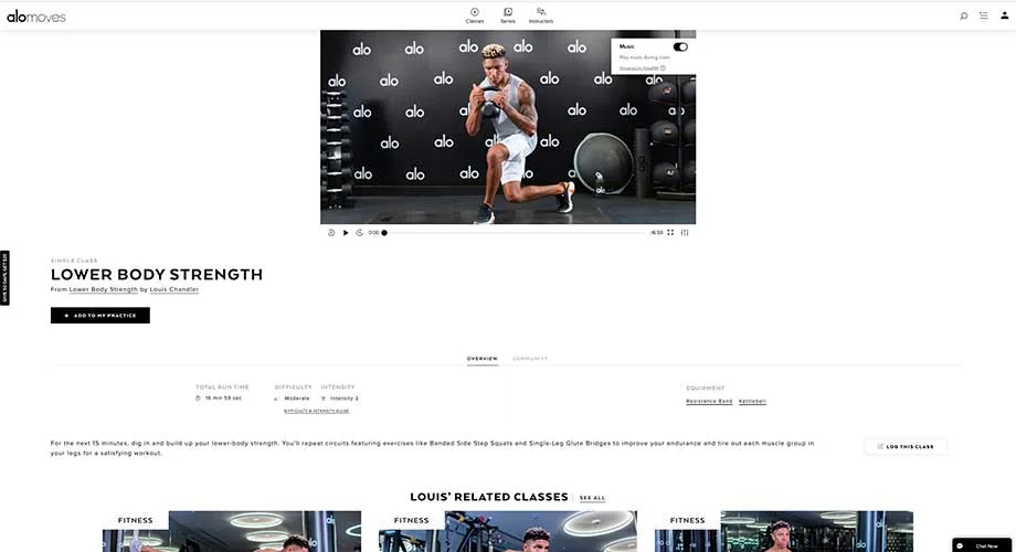 A screenshot of a workouts page in the Alo Moves app.