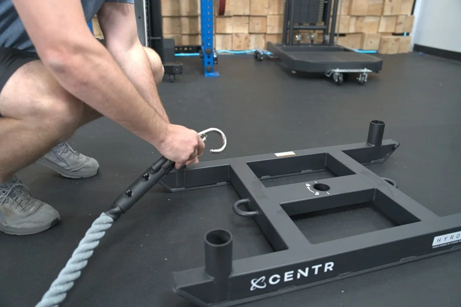 Our tester hooks up a rope to a Centr x HYROX Competition Power Sled