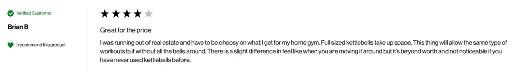 A screenshot of a review on Titan Fitness's website of the Plate-Loadable Kettlebell Swing