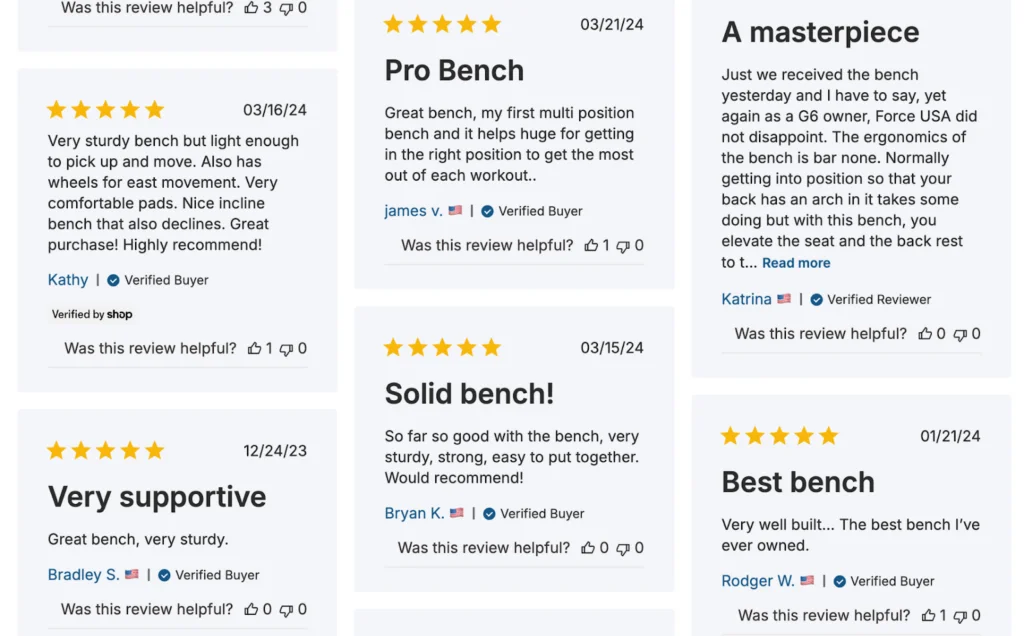 Screenshots of verified customer reviews of the Force USA Pro Series FID Bench