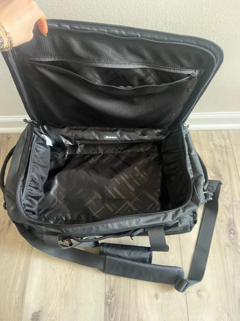 Looking into an opened lululemon 2-in-1 Travel Duffle Backpack