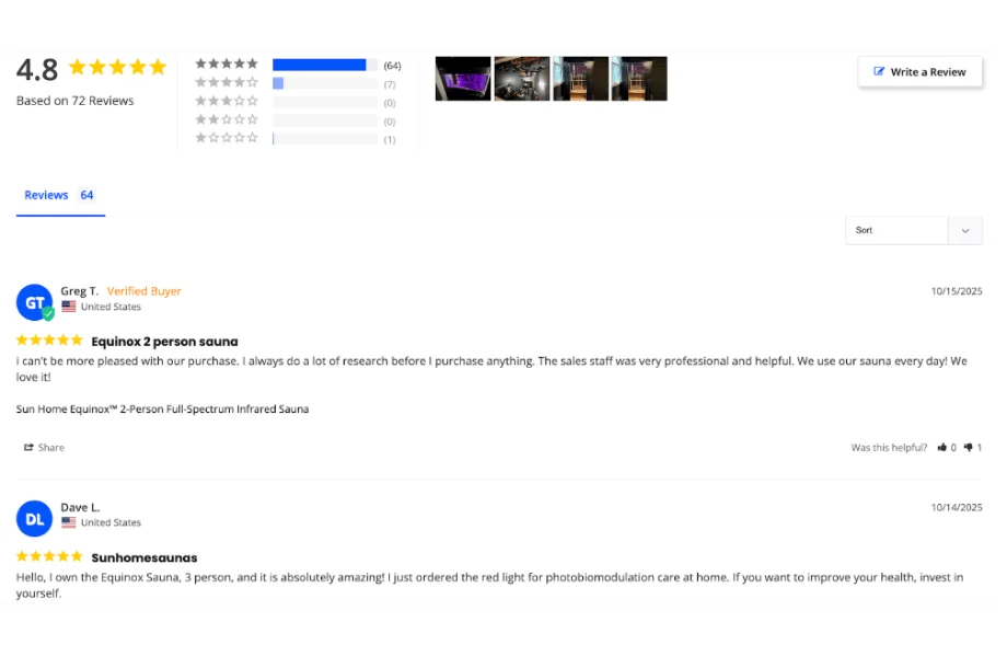 Online customer reviews for the Sun Home Equinox infrared sauna