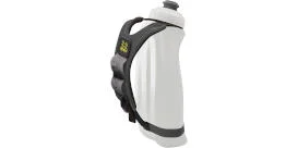 A white Amphipod Hydraform Minimalist Handheld water bottle with a black hand-strap