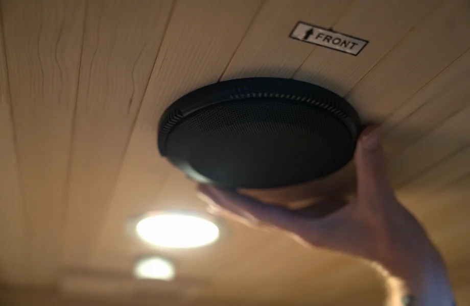 The integrated Bluetooth speakers featured inside the SaunaBox Solara infrared sauna