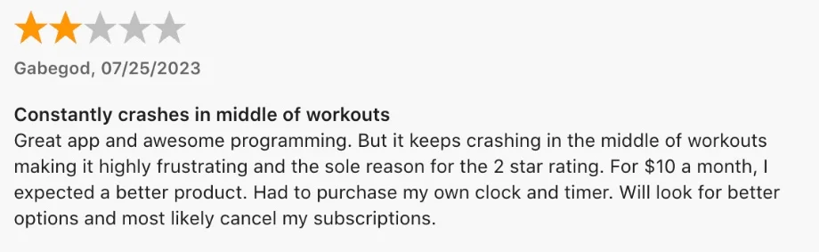 A 2-star Review of the MVT Fitness App is shown