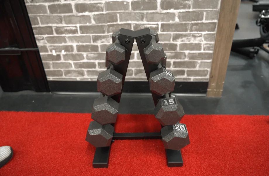 Our tester storing some CAP Cast Iron Hex Dumbbells on a dumbbell storage tree