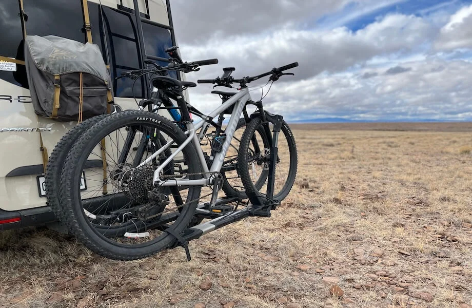 Our tester's mountain bikes secured to the Kuat Sherpa 2.0 bike rack