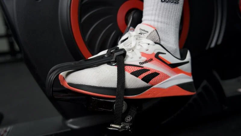A close look at the pedals on an Echelon EX-5 exercise bike