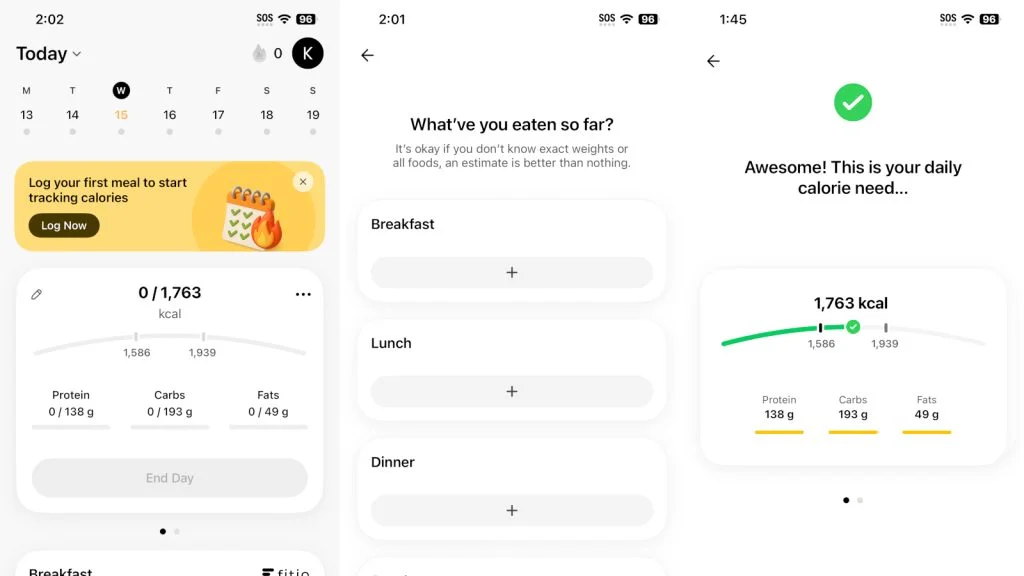 Screenshots showing daily use features from the fitia app.