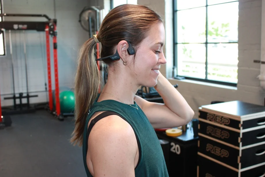 Our tester wearing an OpenRun Pro 2 wireless headset.