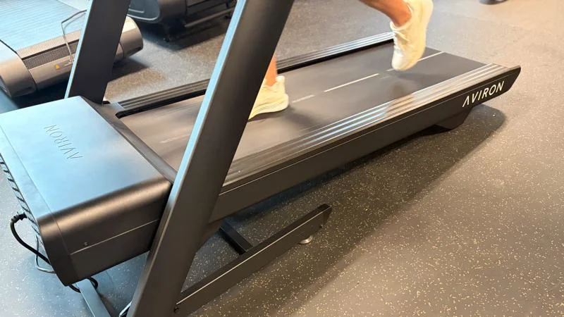 Our tester runs at an incline on an Aviron Justice Treadmill