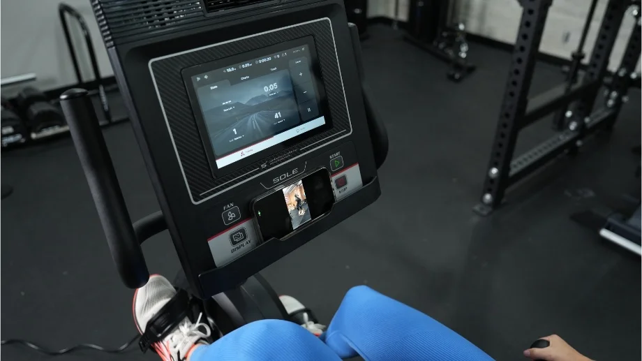 A close-up view of the screen on the Sole LCR Recumbent Bike