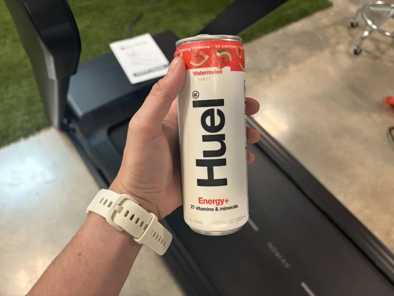 Our tester holding a can of Huel Energy+