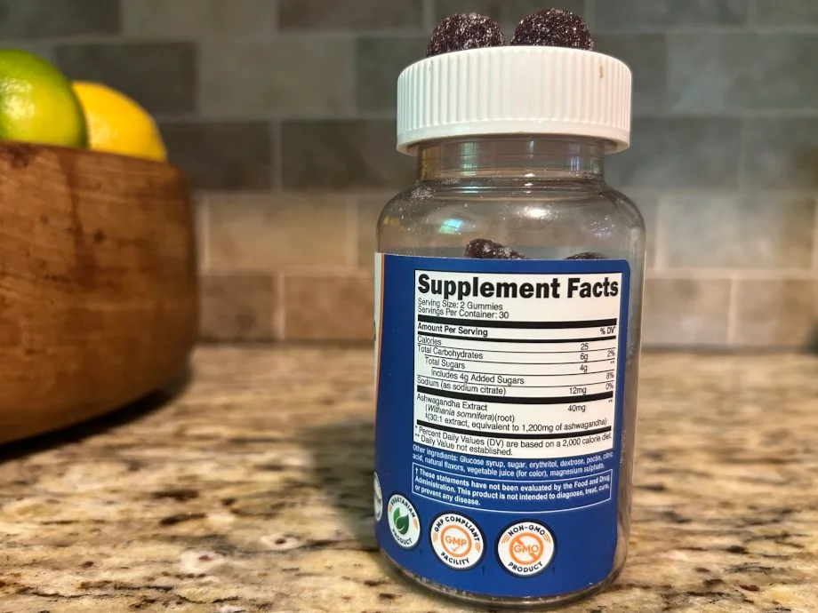 Supplement Facts label on a bottle of Nutricost Ashwagandha Gummies.
