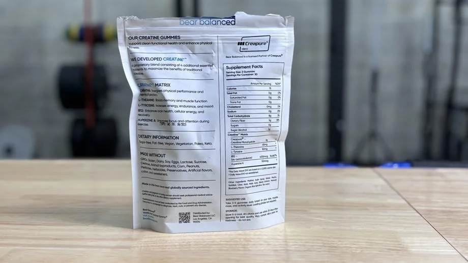 Supplement Facts label on a bag of Bear Balanced Creatine Gummies