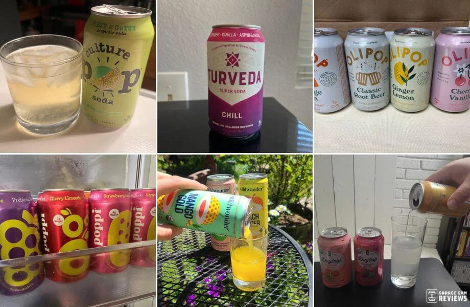 A collage of with Culture POP, Turveda, OLIPOP, poppi, wildwonder, and Daytrip sodas