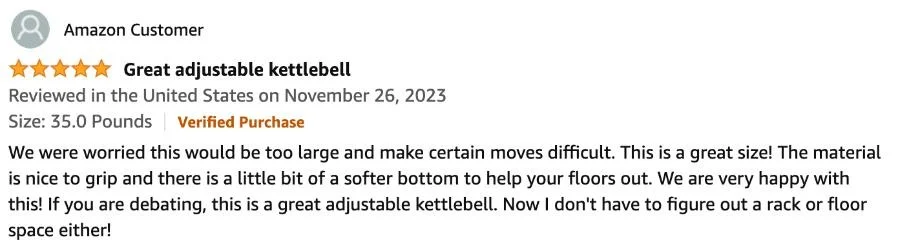 A screenshot of a PowerBlock Adjustable Kettlebell customer review on Amazon