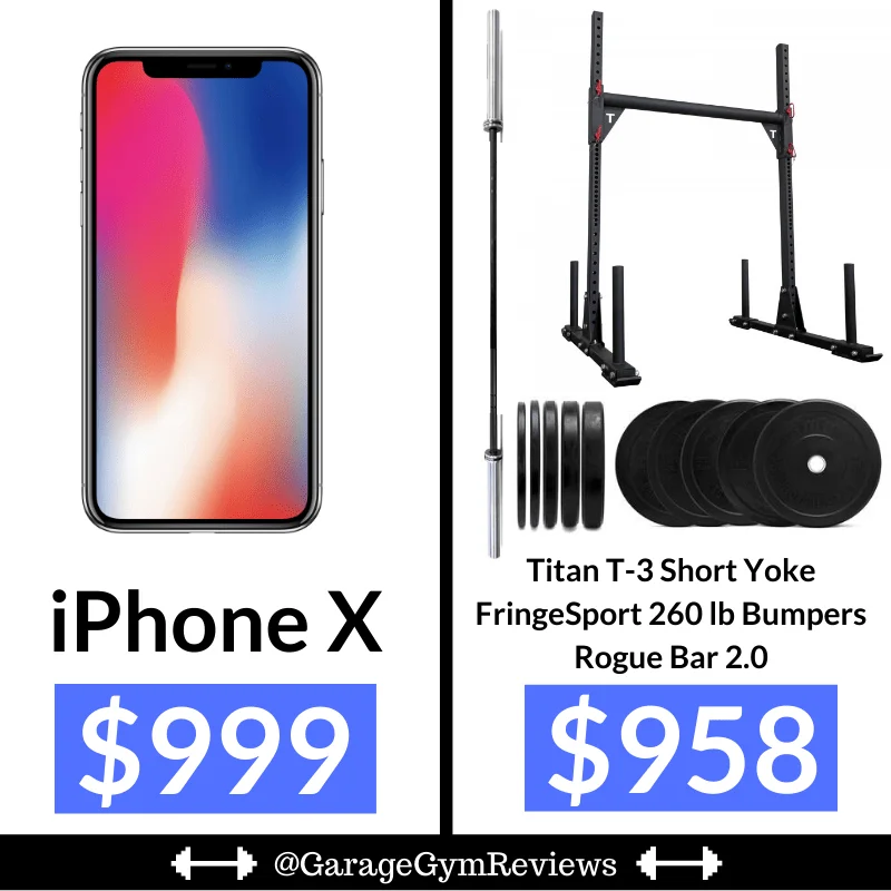 the cost of an iphone x ($999) vs a small home gym set-up ($958)