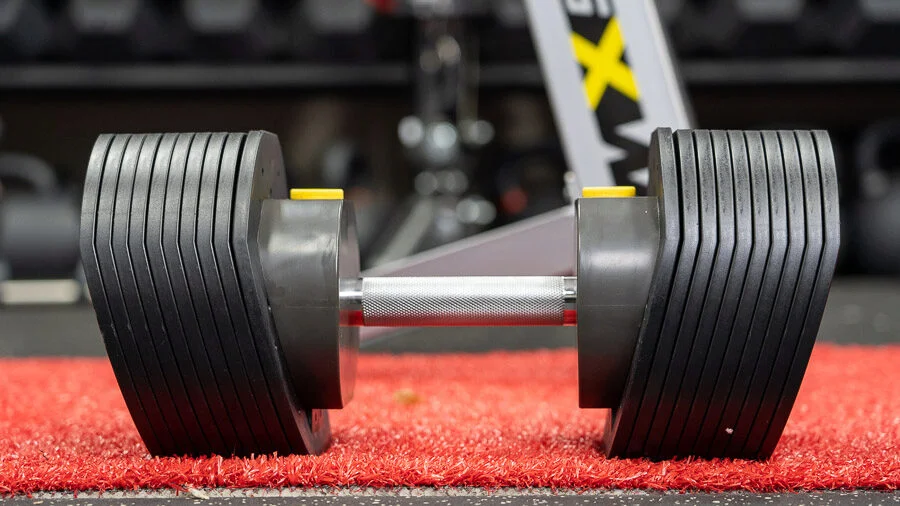 adjustable dumbbells sitting on the ground.