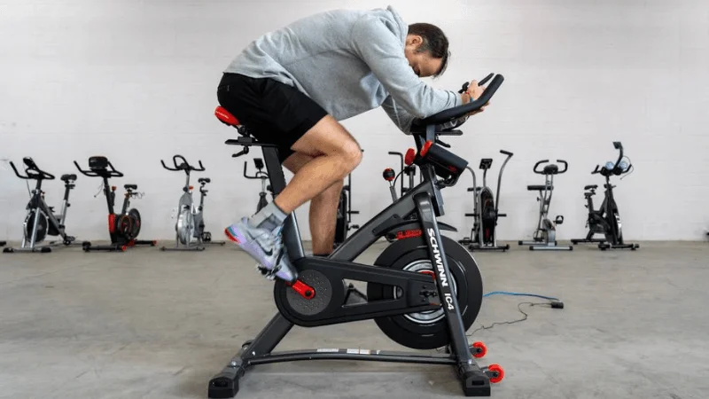 Our tester training hard atop the Schwinn IC4 exercise bike