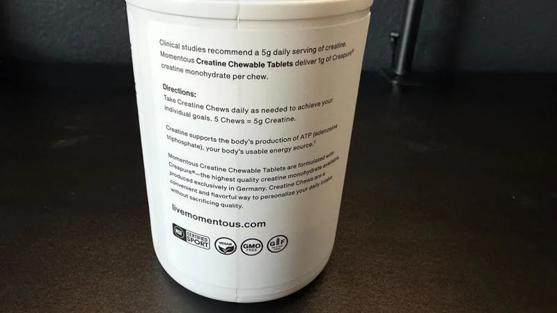 Directions on a container of Momentous Creatine Chews.