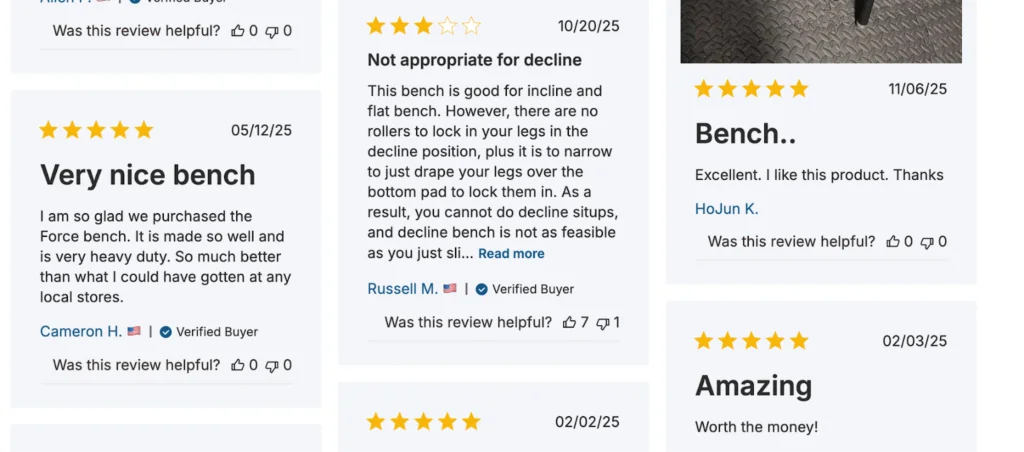 Screenshots of customer reviews of the Force USA Pro Series FID Bench