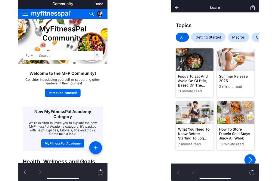 MyFitnessPal's Community tab and available blog entries