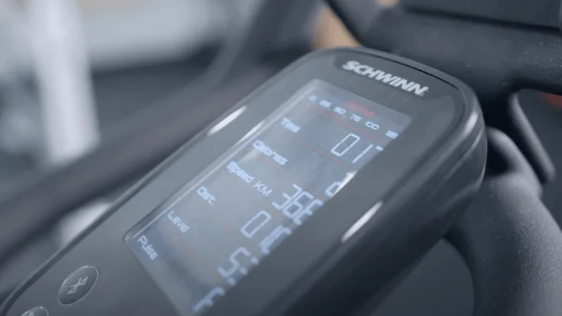 The Schwinn IC4 exercise bike's backlit LCD display console