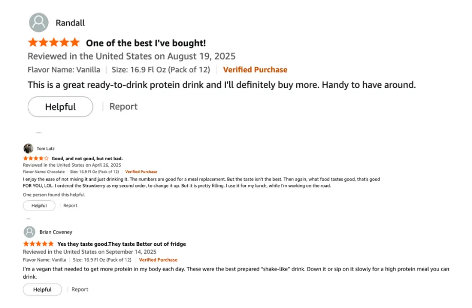 Online customer reviews for Huel Ready-to-Drink meal replacement shake