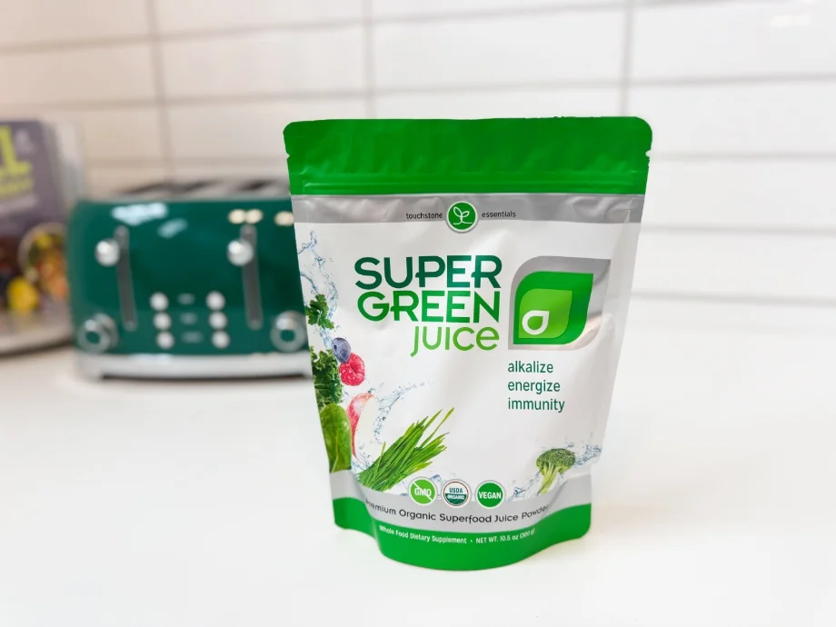 Image of a bag of Touchstone Essentials Super Green Juice on a counter top