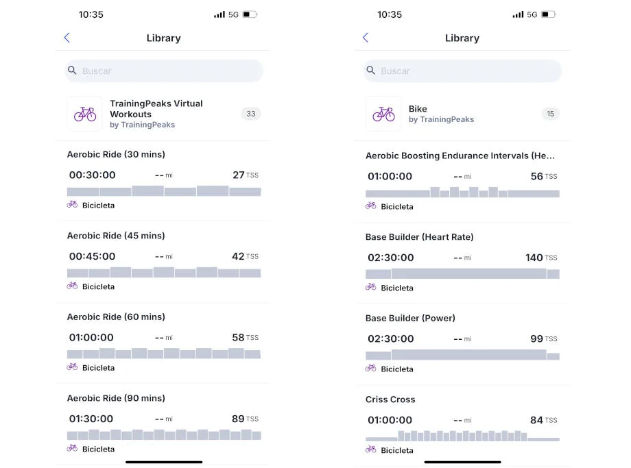 Screenshot of Virtual Workout Libraries in the TrainingPeaks App