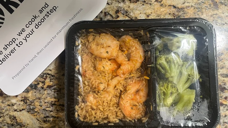 Overhead shot of a Shrimp, rice, and broccoli meal from Forkful