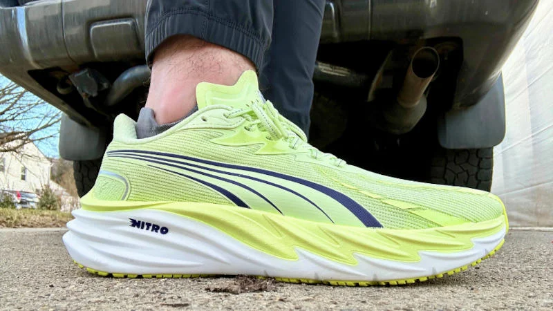 Our tester wearing a pair of Puma Velocity Nitro 4 running shoes