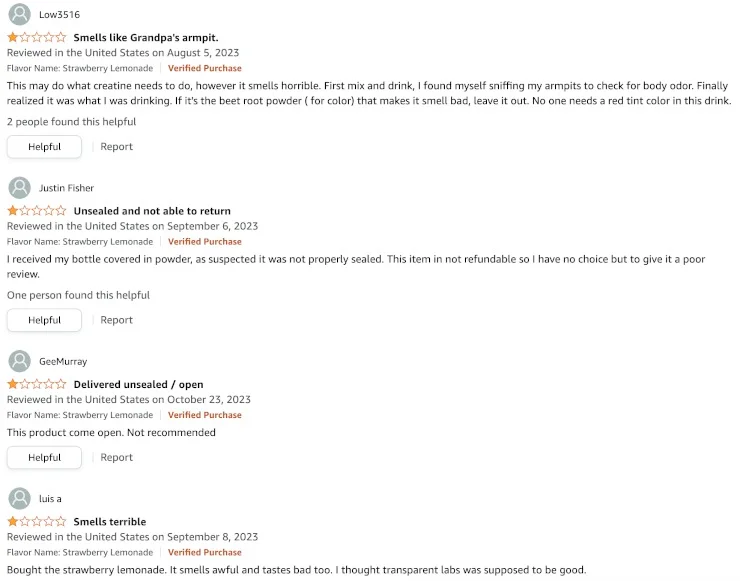Screenshot of negative Amazon reviews