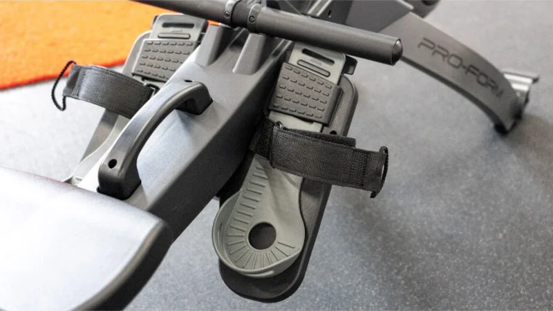A close look at the pedals on a ProForm 750R Rower