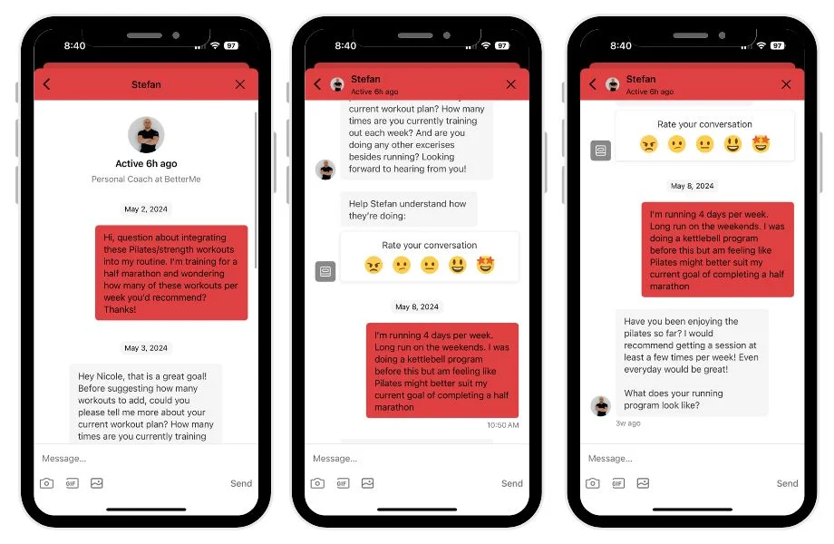 Betterme in-app messaging with coach