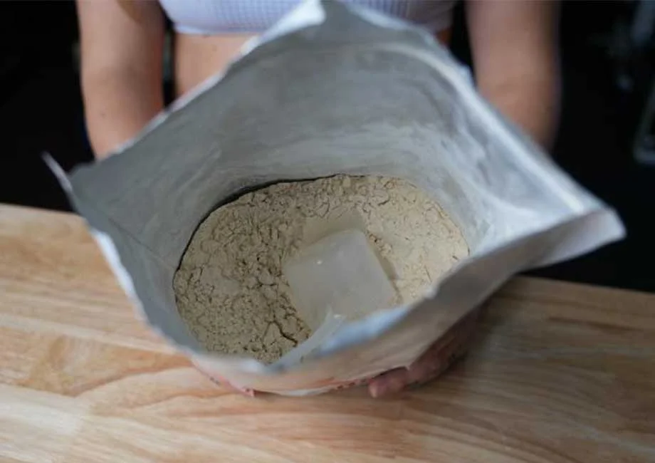 Looking down into a bag of Bulk Supplements Soy Protein Isolate.