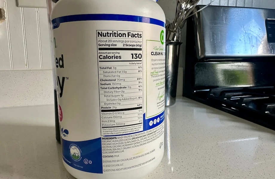 Orgain Grass-Fed Whey Protein nutrition facts label