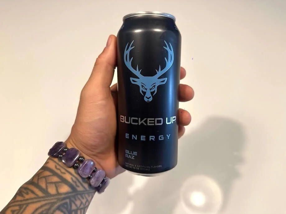Our tester holds a can of Bucked Up Energy.