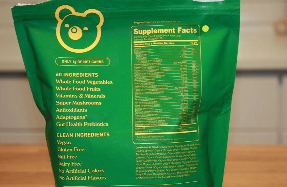 The supplement facts label on a bag of Grüns