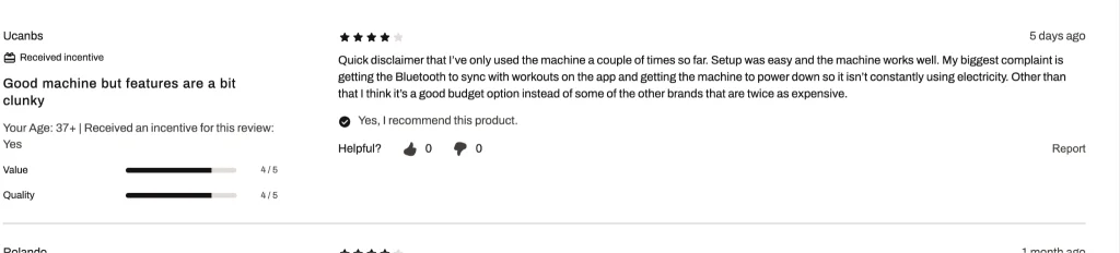 A screenshot of a customer review for the Sole E25 elliptical