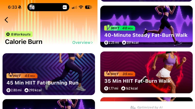 Screenshot of calorie burning workouts In the Urevo App