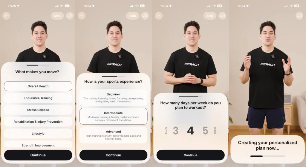 Screenshots of the intake quiz used by the MERACH fitness app to create personalized workout plans.