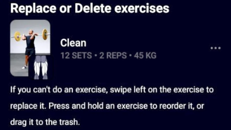 Screenshot of the Fitbod app showing easy instructions on how to remove workouts you don't want from the recommended routines.